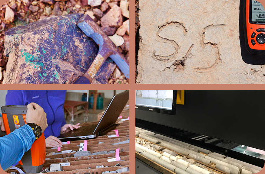 Four images illustrating sources of lithological data that can be assessed by the Data QA/QC dashboard.  First image is a geological pick sitting on top of a rock.  The second image is a GPS sitting on top of a drill hole cap.  The third image is two people logging infrared information generated by a Halo device.  The fourth image is whole drill core tray scanner.